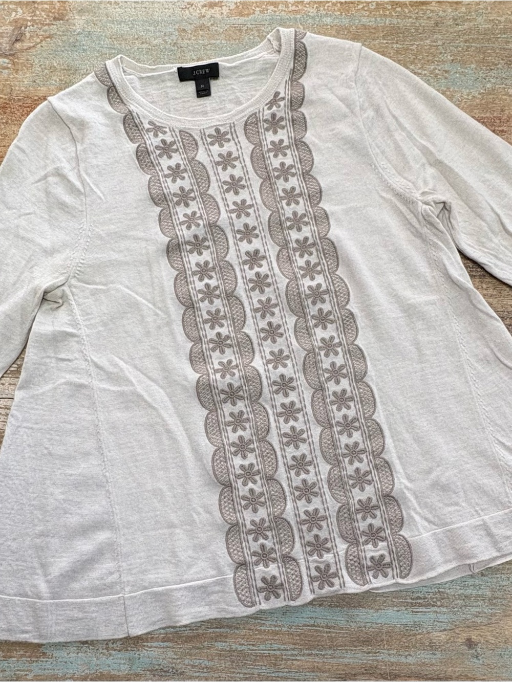 J. Crew Beige Top with Taupe Embroidered Front